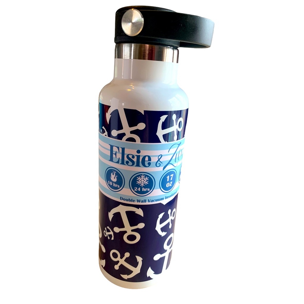 Elsie & Zoey Water Bottle Nautical Stainless Steel 17oz Navy White BPA Free